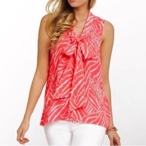 EUC Lilly Pulitzer Dahlia Splash Pink Show Me Your Stripes Silk Bow FrontTank-M